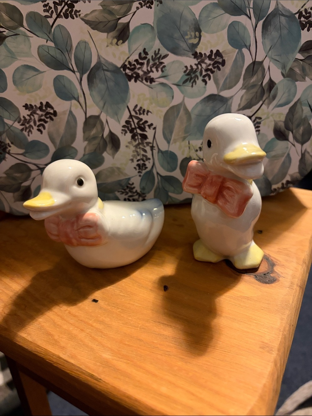 Ceramic Yellow & White Duck Figurines with Pink Bows